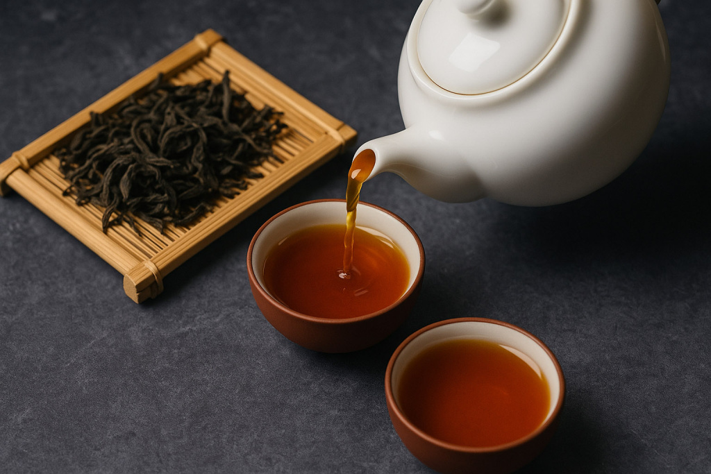 Dry Da Hong Pao tea leaves on a bamboo tray