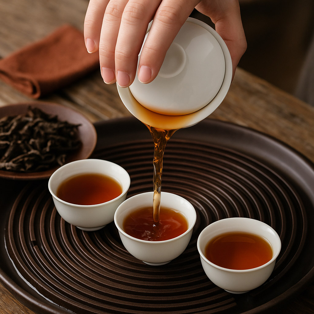Three cups with different infusions of oolong tea: first, third and fifth brewing