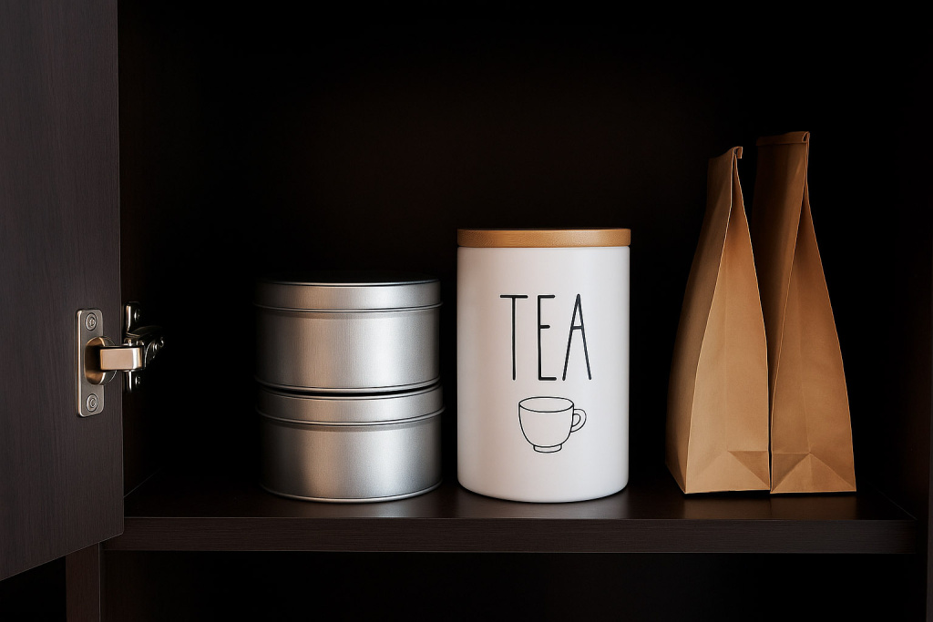 Dark cabinet with neatly arranged tea jars