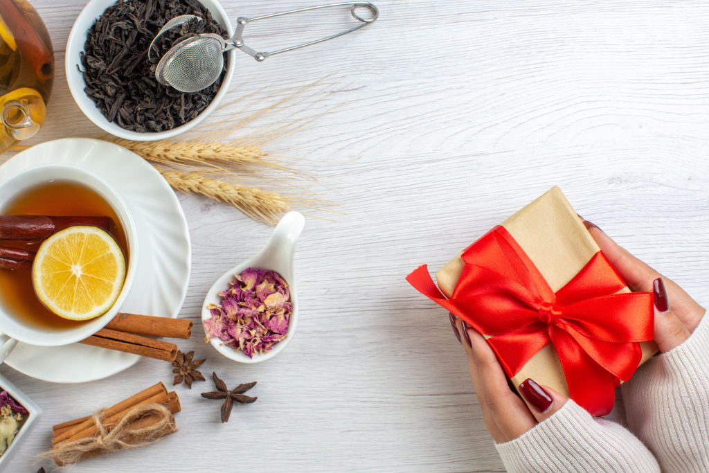 Tea and beautifully wrapped gift