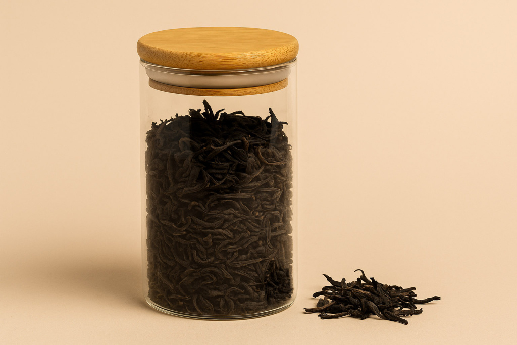 Tea jar with airtight lid and dry leaves nearby