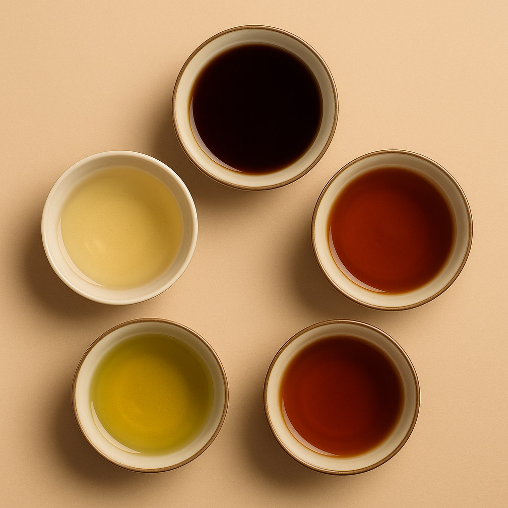Five cups with different tea infusions — white, green, oolong, black, pu-erh